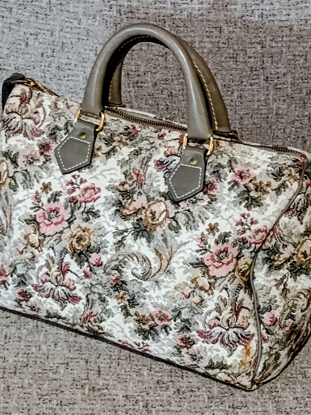 Floral Tapestry Travel Satchel in Pink and Cream with Taupe Handles